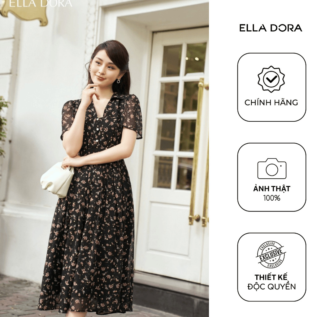 Đầm nữ ELLA DORA họa tiết hoa nhí cổ V xếp ly dáng bay nhẹ thanh lịch nữ tính [D75]