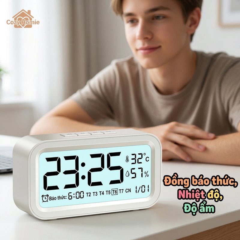đồng hồ để bàn báo thức màn hình LCD đo nhiệt độ độ ẩm đèn nền 4 chế độ hiển thị ngày tháng nút cảm