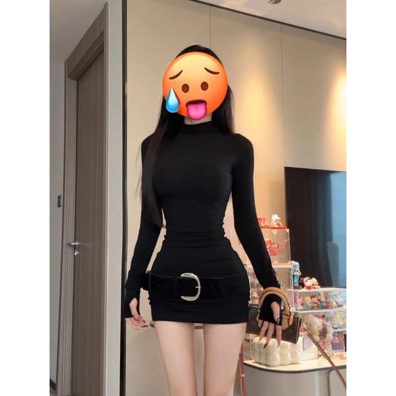 Mùa Thu Hot Girl Váy Ngắn Hông Cổ Cao Tay Dài Đầm Da