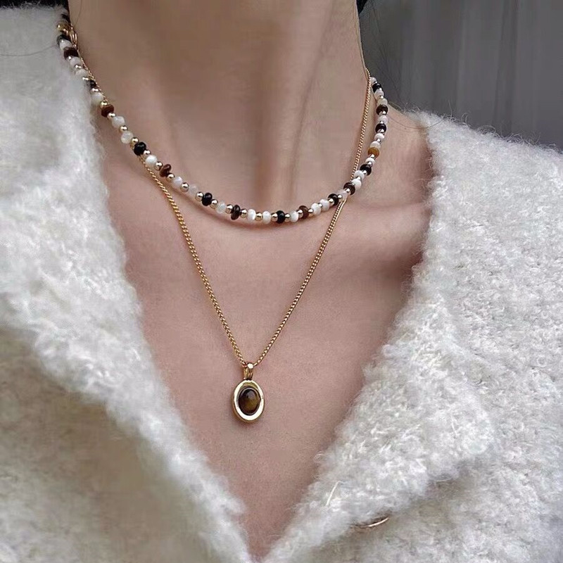 Vòng cổ nhiều lớp đính cườm đá mắt hổ Melard