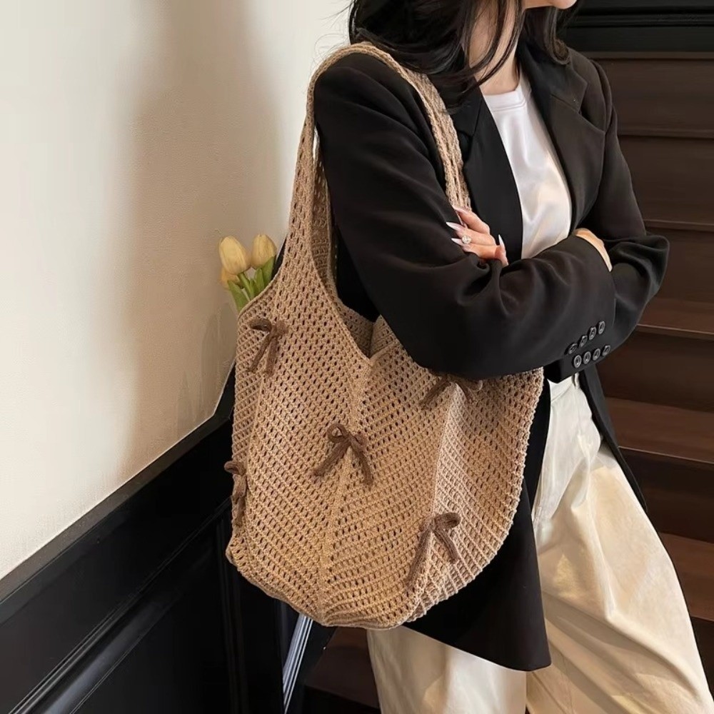 Túi đeo vai dệt kim HOBBYIN, Túi xách dệt rỗng nơ, Túi Tote họa tiết móc nhẹ thời trang phong cách Bohemian đi biển