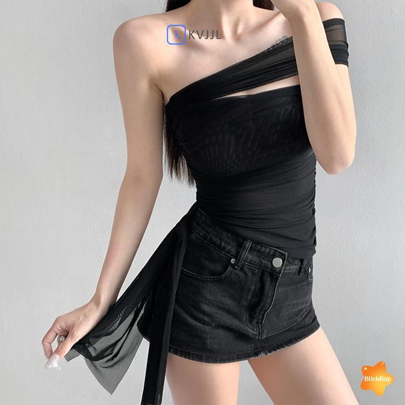 Áo thun gạc ren dây đeo vai phong cách nữ gợi cảm, thiết kế ngắn gọn phù hợp mùa hè