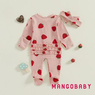 MG-Baby Girls Xù Romper Bộ áo liền quần dài tay in hình dâu tây và bộ băng đô dễ thương cho trẻ sơ sinh mới biết đi