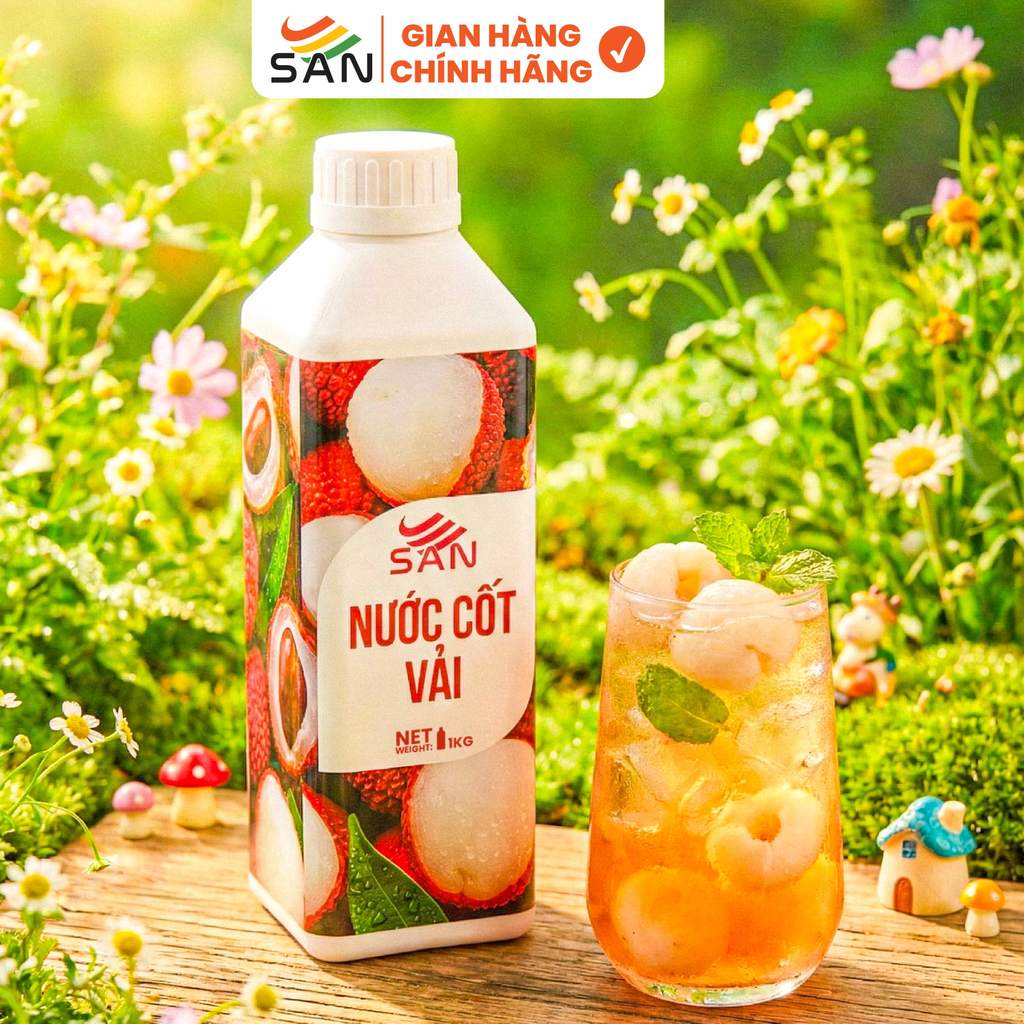Nước cốt VẢI SAN Chai 1Kg, có mẫu thử 100ml, tặng công thức pha chế, hương thơm, trái cây tự nhiên