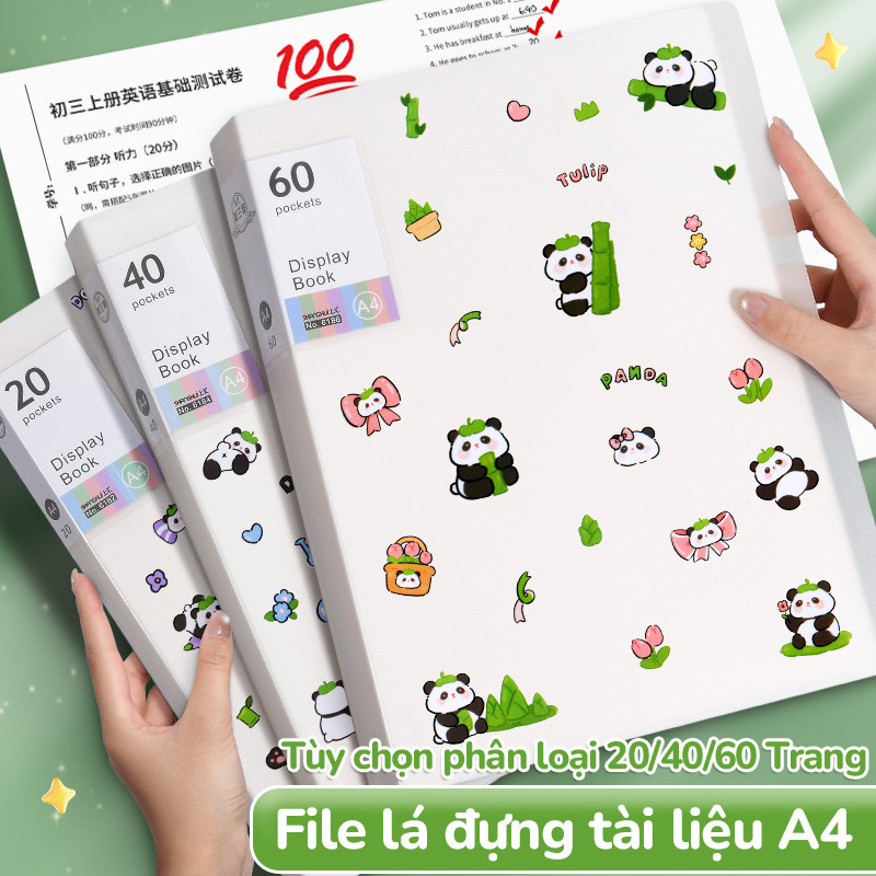 Tệp đựng tài liệu A4 trong suốt, chủ đề gấu trúc hoạt hình vui nhộn, sử dụng đa dạng cho học sinh, 30/40/60 lá.
