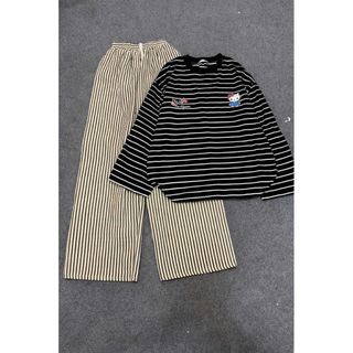 sét bộ quần đũi xốp kẻ vằn + phối áo kẻ sọc ngang dài tay form rộng in kitd ty -thuba94