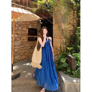 Đầm dây màu xanh Klein cho nữ, trang phục du lịch mùa hè