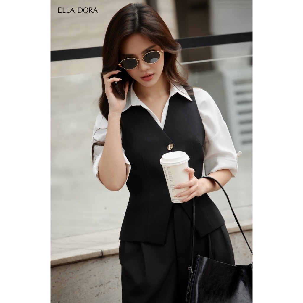 Áo gile công sở nữ ELLA DORA thiết kế cúc chéo form gọn thanh lịch hiện đại 2 màu ĐEN/NÂU [AK41]
