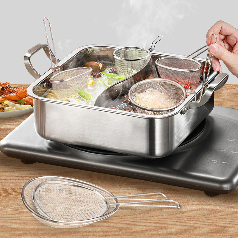 Thép không gỉ dày 304 Lẩu Rây Có Móc Thìa Câu Cá Cay Nóng Nấu Mì Căng Lưới Chiên Giỏ Lọc Lưới Thìa Lưới
