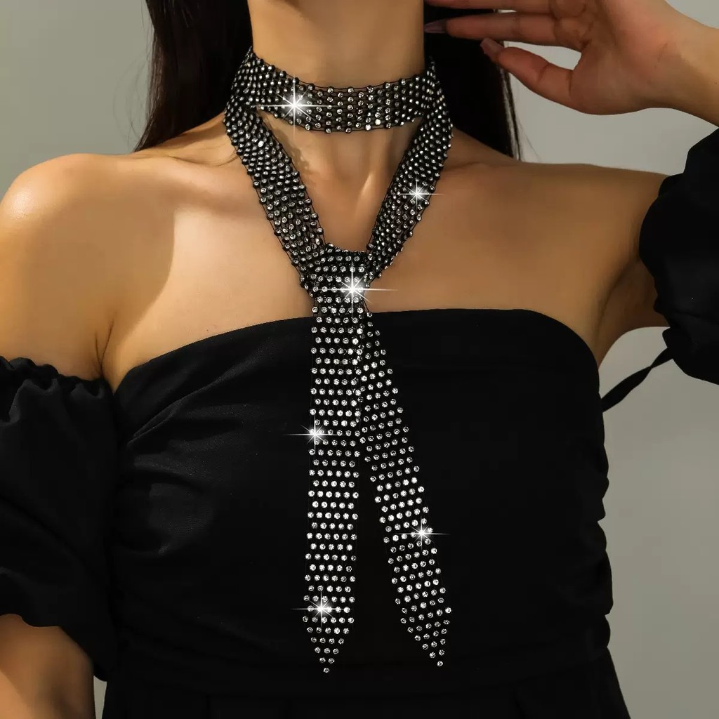 Phụ kiện thời trang châu Âu và Mỹ - Cà vạt lưới kim cương giả 130cm, phù hợp cho hộp đêm