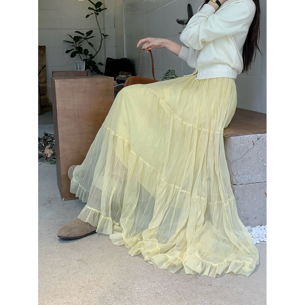 SUXI Váy Midi nữ mới mùa xuân Váy xếp nếp chữ A có chiều rộng cao giản dị 260312