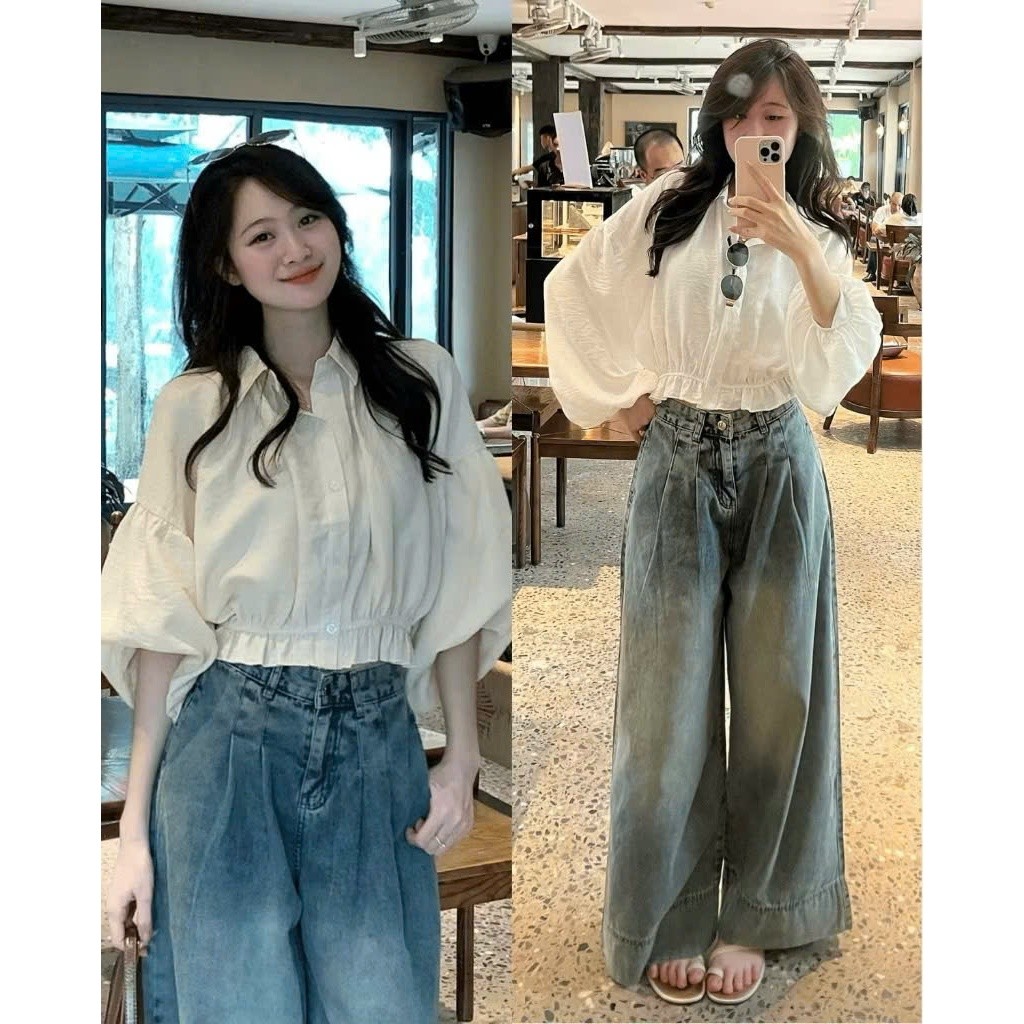 Áo Sơ Mi A154555 Dáng Croptop Tay Dài Bồng Chun Dưới Trẻ Trung Style Thu Đông_Lazy Có Bigsize