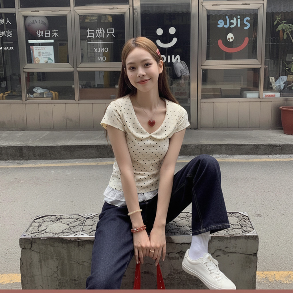 Áo Thun Nữ Chấm Bi Tay Ngắn  Kiểu Cổ Búp Bê Dễ Thương A5148822