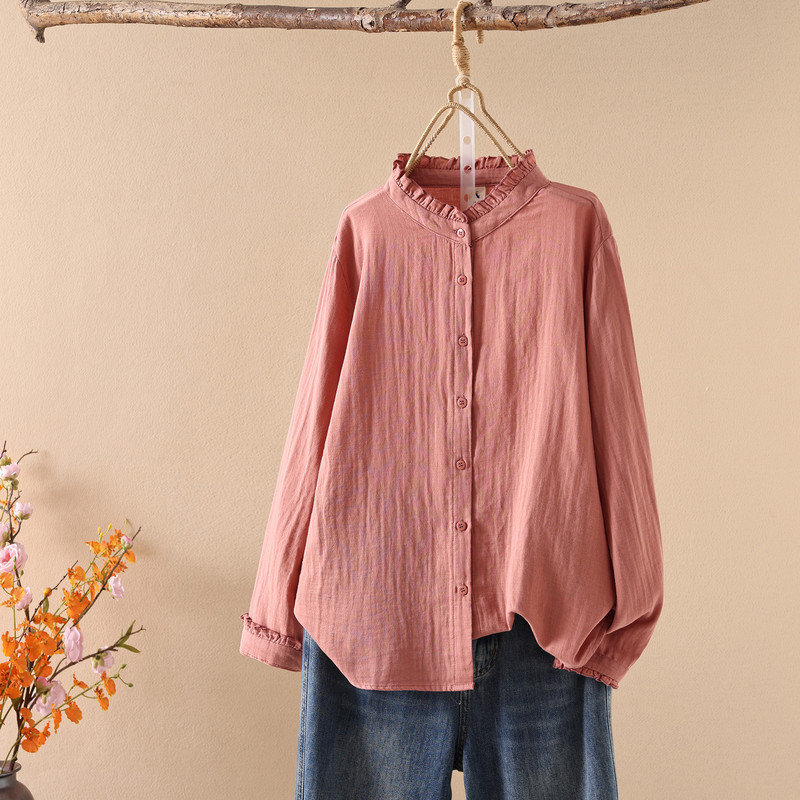 Áo sơ mi nữ 100% cotton cao cấp phong cách mùa xuân Wenyi, cổ áo cardigan ren đứng màu trơn