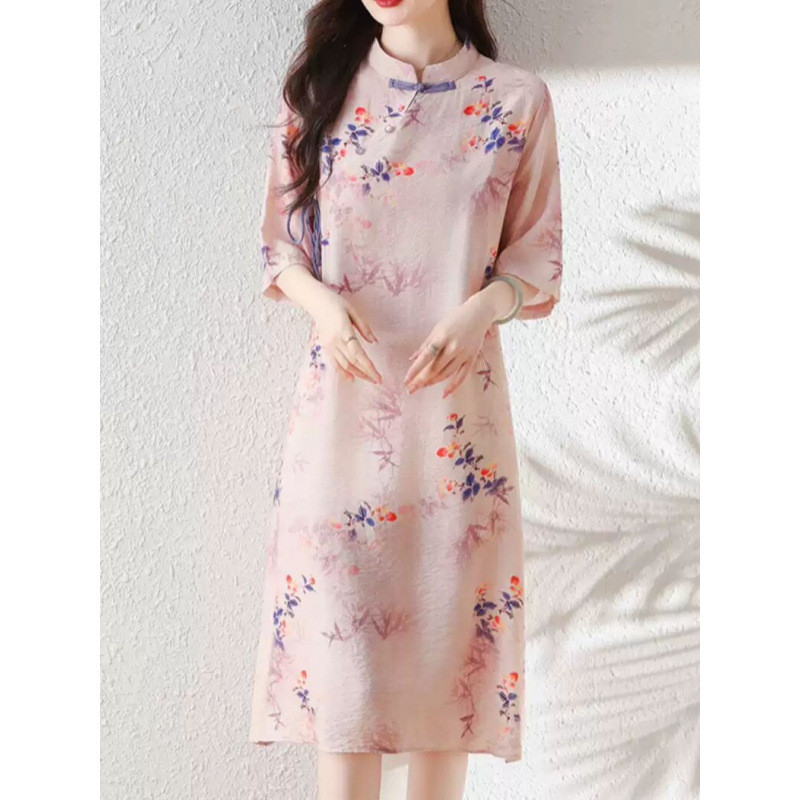 Váy dáng chữ A cổ đứng in họa tiết cổ điển mùa hè phong cách Trung Quốc, váy dài thanh lịch dành cho nữ