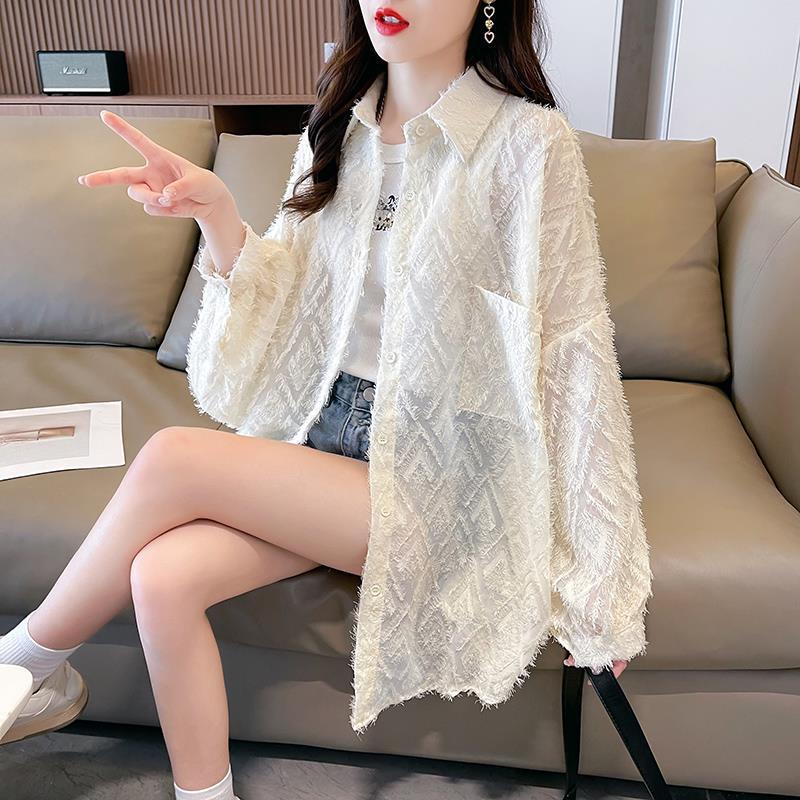 Áo chống nắng kiểu Hồng Kông mới dành cho nữ, áo khoác ngoài thời trang, dáng rộng, áo lưới mỏng mùa hè, áo dài vừa phải
