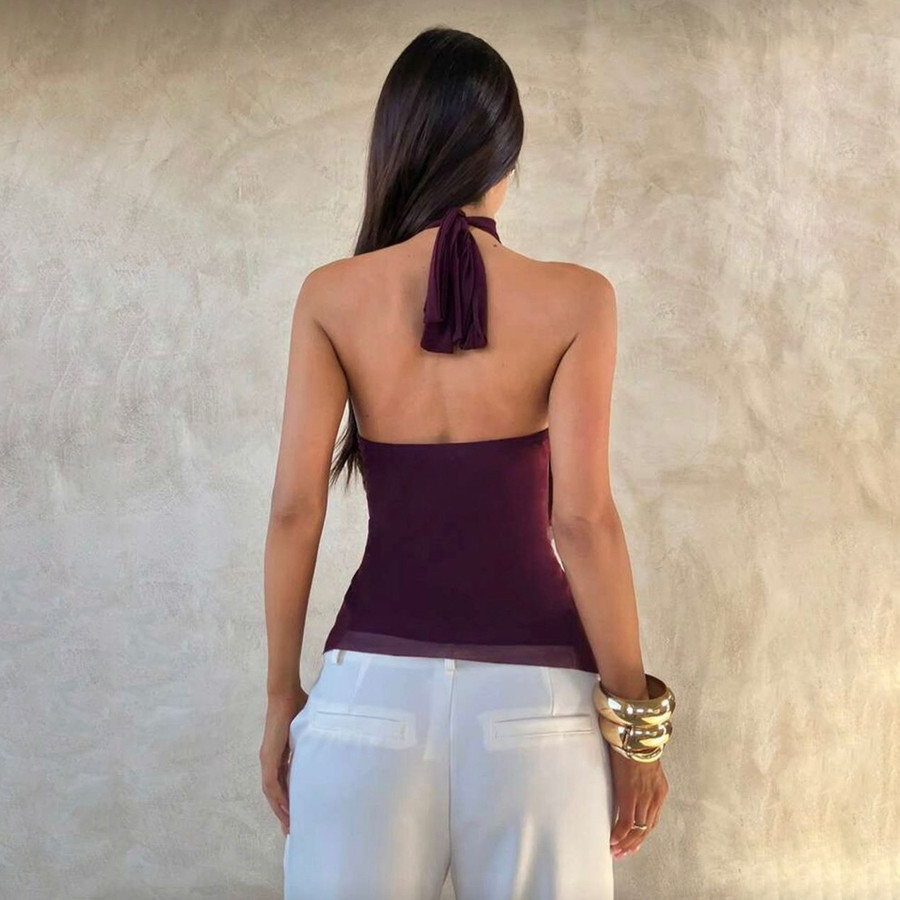 Croptop Vintage Màu Tím với Chi Tiết Bất Đối Xứng và Cổ Áo Xù