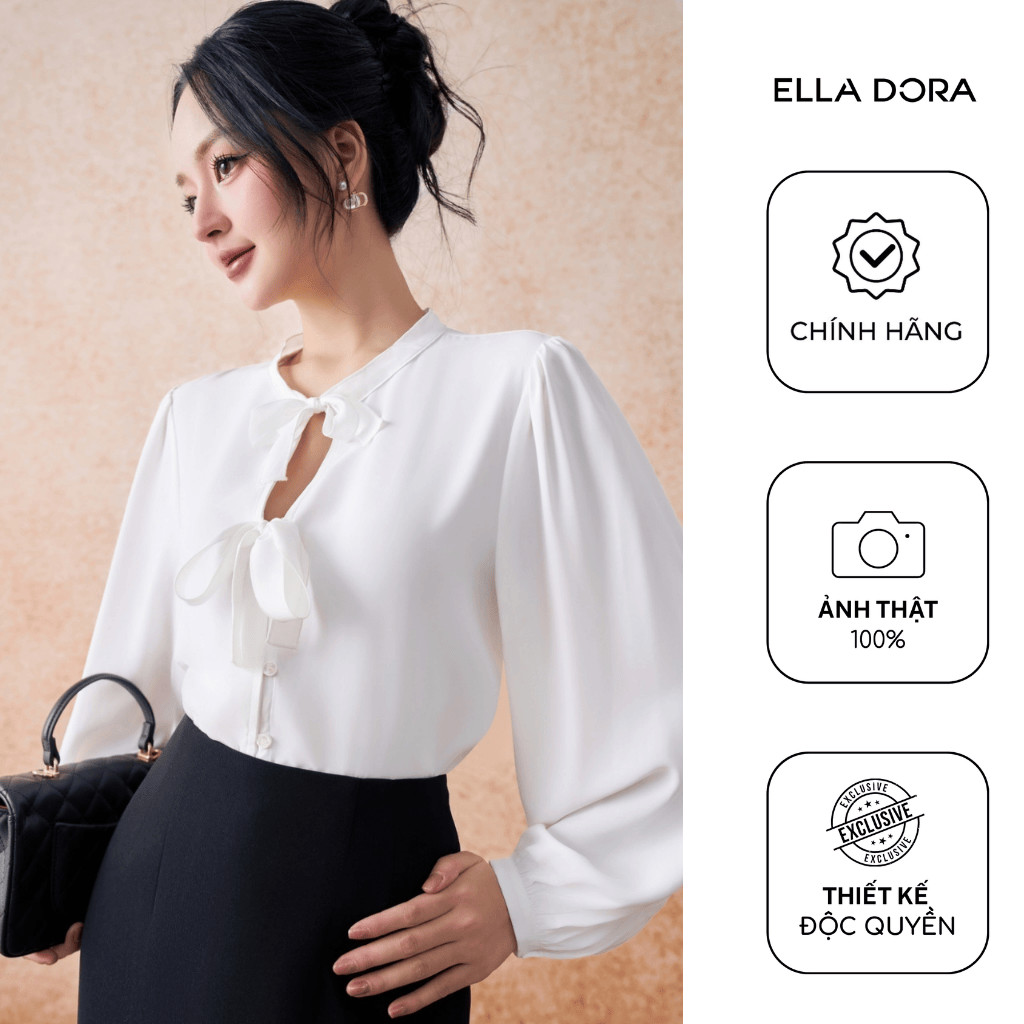 Áo sơ mi nữ ELLA DORA thiết kế cổ tròn 2 nơ form dáng suông thanh lịch hiện đại màu TRẮNG [SM157]