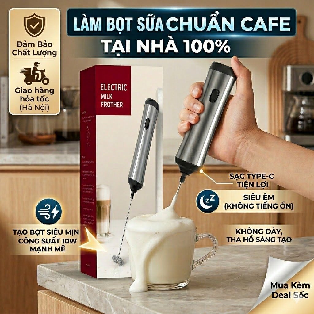 Máy Tạo Bọt Sữa Đánh Bọt Cà Phê Cầm Tay CLITON Sạc Type-C 10W Kèm Giá Treo Bằng Sắt Lõi Inox 304