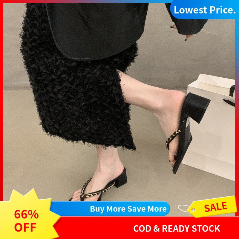 HÀNG CÓ SẴN  CODMùa Hè 2025 Phong Cách Mới Thanh Lịch Chunky Gót Chân FlipFlops Dành Cho Nữ Retro Kim Loại Dây Xích Ngón Chân Kẹp Xăng đan Cao Gót