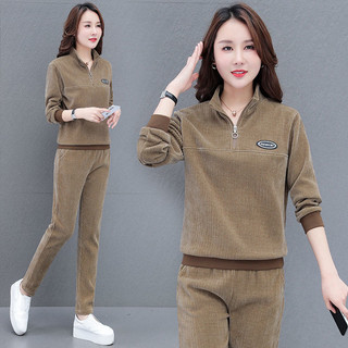 Bộ đồ thể thao bằng vải nhung tăm có cổ đứng, thiết kế đơn giản, phong cách mới mùa thu đông, dáng rộng, cỡ lớn