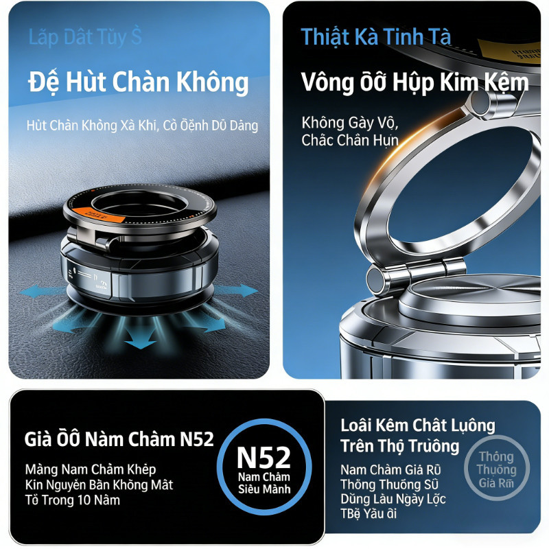 Giá đỡ điện thoại hút chân không, nam châm nâng cấp 16 mạch từ, xoay 360°, bám chắc mọi bề mặt
