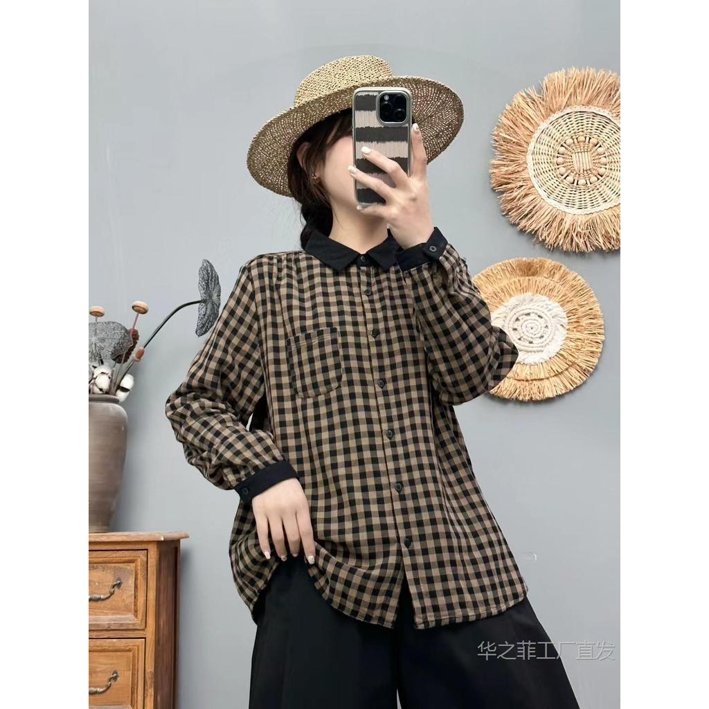 Áo sơ mi nữ mỏng kẻ sọc phong cách retro văn học, cotton, thích hợp mùa thu