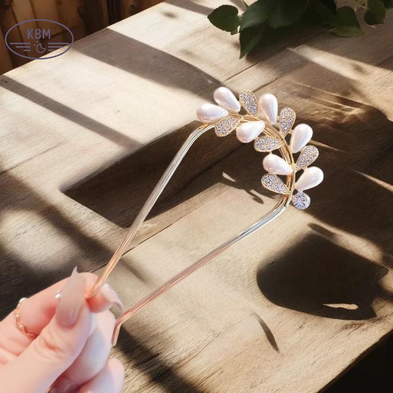 Kẹp tóc hình chữ u với ngọc trai và hoa, phù hợp cho retro bun, làm từ hợp kim - phụ kiện tóc nữ sang trọng, tiện lợi hằng ngày, quà tặng đẹp mắt