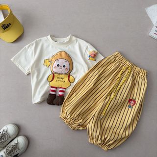 Bộ đồ cho bé - áo thun tay ngắn in hình 3D + quần sọc dáng rộng dễ thương thoáng mát mùa hè
