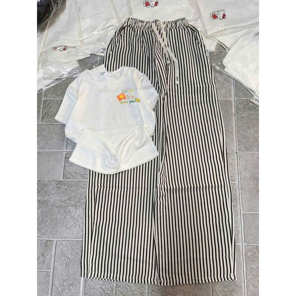 sét bộ quần dài kẻ vằn đũi xốp siêu xinh+mix áo Croptop chữ độc lập tự do chất tăm-chang3158