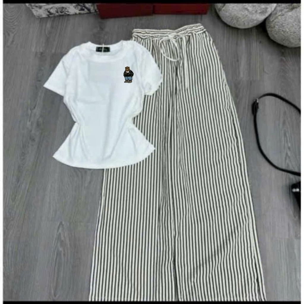 sét bộ quần dài kẻ vằn đũi xốp siêu xinh+mix áo Croptop hình gấu xanh in ng ự c chất tăm-chang3158