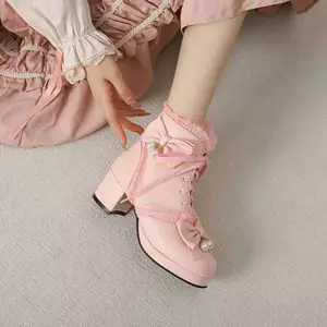 VNTMLH34-43 Kích Thước Lớn Ngón Chân Tròn Dày Ren Thời Trang Ngọt Ngào Mary Jane Giày Bốt Ngắn Ngọc Trai Nơ Ren COS Giày Gothic