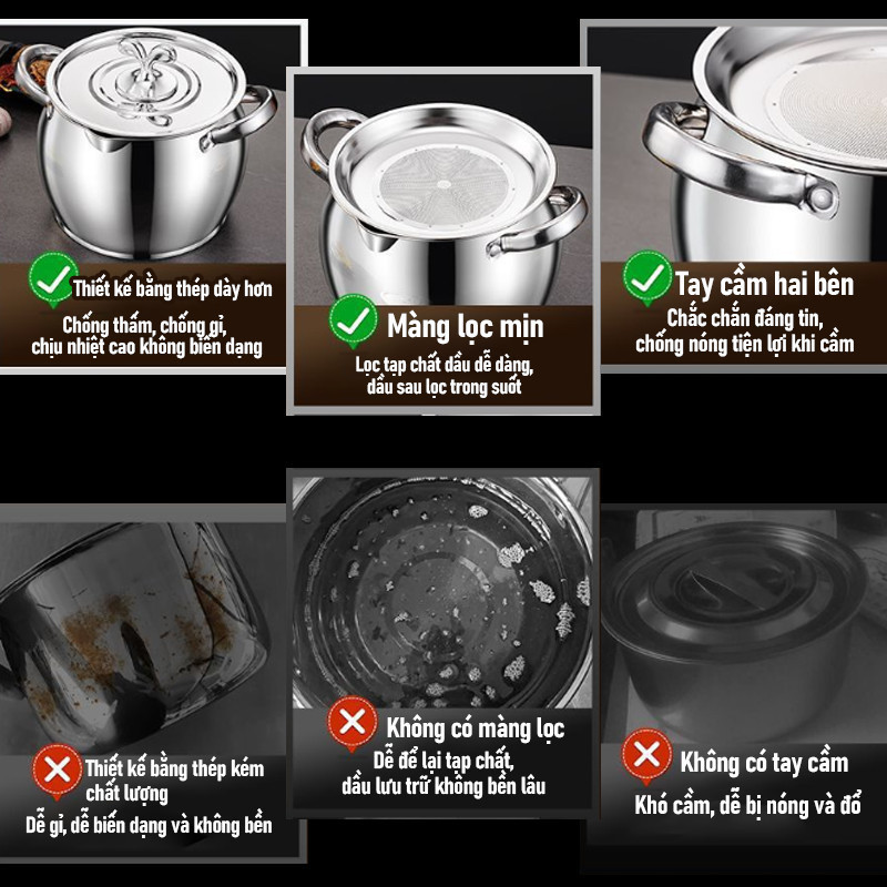 Âu/Hũ Inox 304 Không Gỉ Có Nắp Và Tay Cầm, Dung Tích Lớn 1.5L/2.5L Lít, Đựng Và Tích Trữ Dầu Mỡ Thức Ăn Trong Bếp