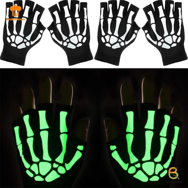 [Mèo con] Găng tay phong cách Halloween thời trang Dạ quang Kinh dị xương xương Skeleton Găng tay nửa mới lạ Unisex Găng tay ấm hơn mùa đông Găng tay mới