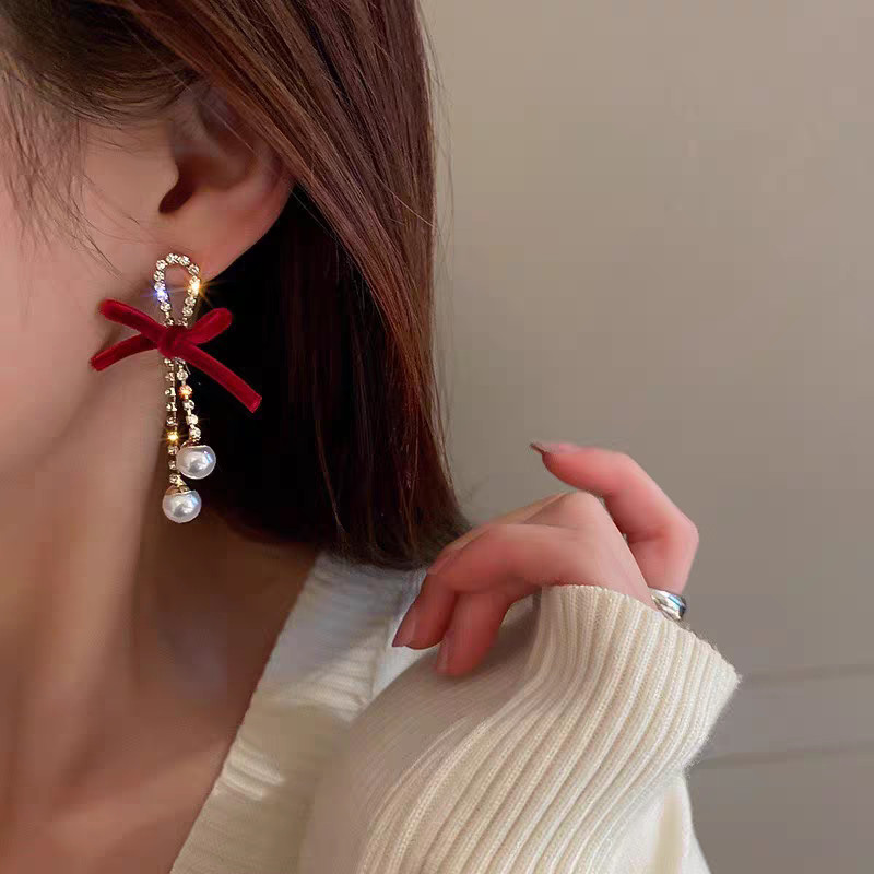 Bông tai hoa hồng đỏ retro phong cách Trung Hoa, thời trang cho lễ hội mùa xuân