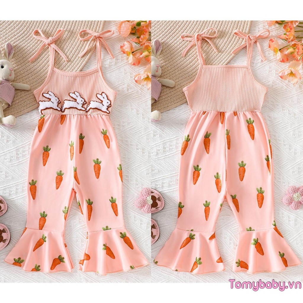 Trẻ Em Bé Gái Phục Sinh Cami Áo liền quần Không Tay Cà Rốt Thỏ Thêu loe Romper