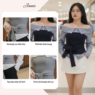 Áo Trễ Vai Thun Zip Phối Thô Kẻ Tiểu Thư Nơ Buộc Eo Tôn Dáng Thanh Lịch Mặc Đi Chơi Đi Cafe