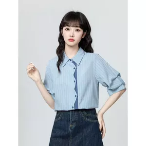 Áo sơ mi ngắn tay sọc xanh nữ cho mùa hè 2025, cổ POLO