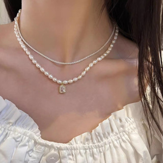 Vòng cổ ngọc trai & dây chuyền kim cương vuông, phong cách retro đơn giản dành cho phụ nữ