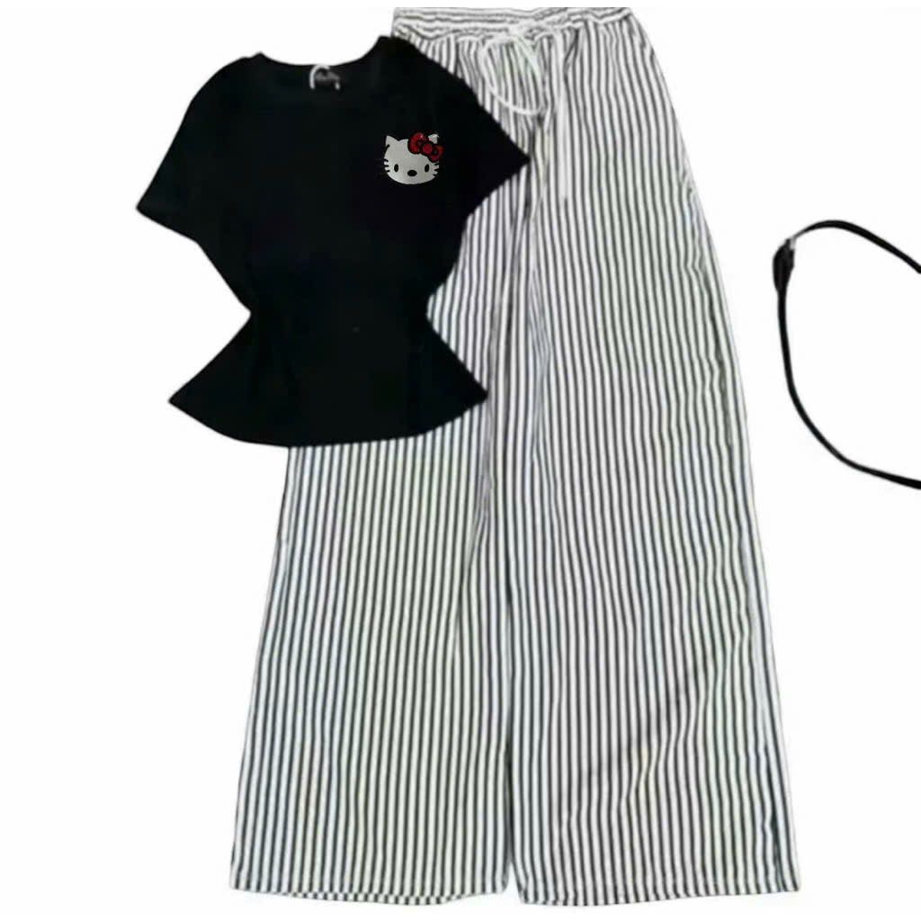 Sét bộ quần ngựa vằn dáng dài + phối áo croptop trơn tăm ngắn- in mèo kít ty ở nggực