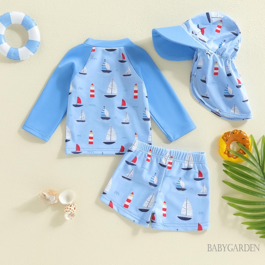 0-5years Trẻ Em Bé Trai 3 Cái Rash Guard Đồ Bơi Tay Dài Cá Mập / Thuyền Thuyền Thuyền In Đồ Tắm Đồ Bơi Có Mũ