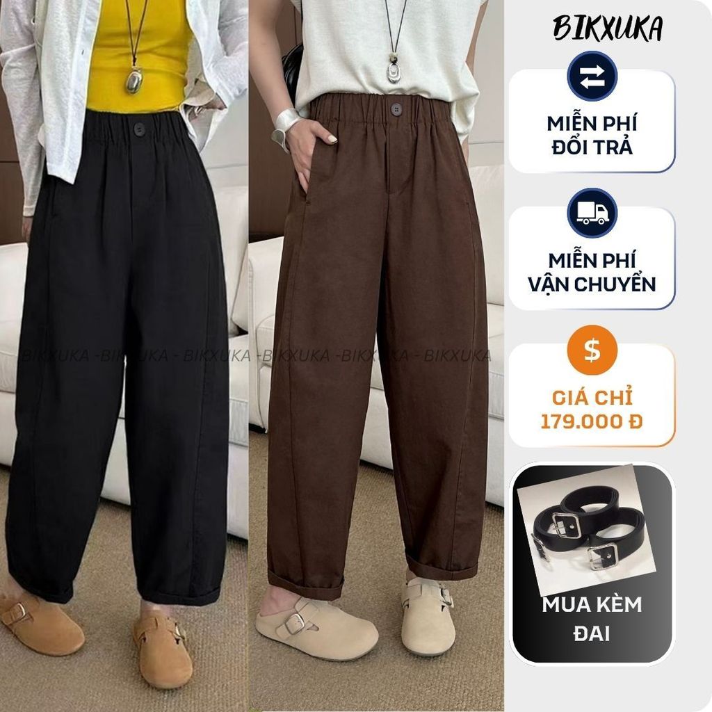 BIKXUKA - Quần baggy nữ cạp cao vải kaki nhật loại 1 co giãn nhẹ, quần baggy ống rộng form thụng dáng nấm 2 túi sườn Q17