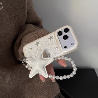 Ngọc Trai Hàn Quốc Luster Trắng Hồng Kim Cương Ngôi Sao Da PU Dây Xích Wrsit Ốp Lưng Điện Thoại iPhone 17Promax 17Pro 14 15 16 Pro Max 13 Vỏ Di Động Nữ