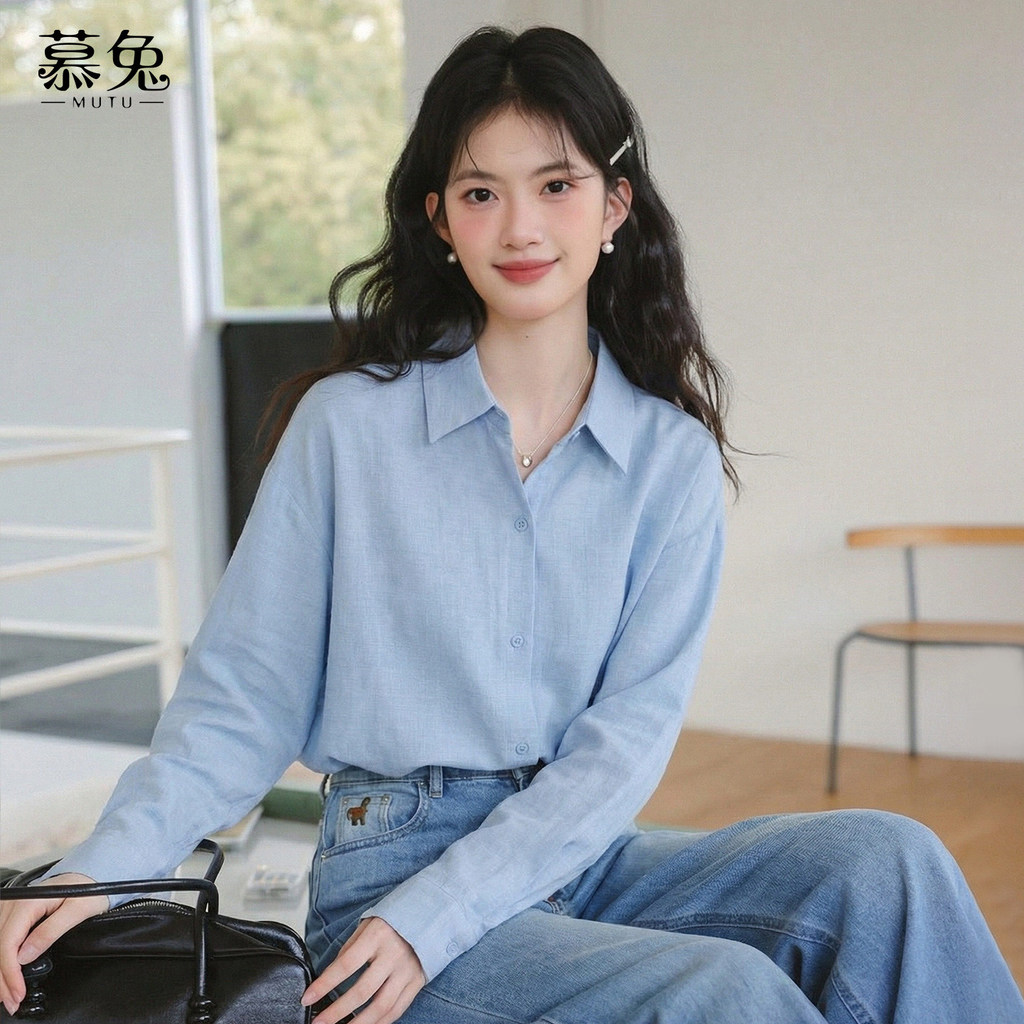 Mutu Áo Sơ Mi Lười Style Hàn Quốc, Màu Xanh, Tay Dài Thích Hợp Mùa Xuân