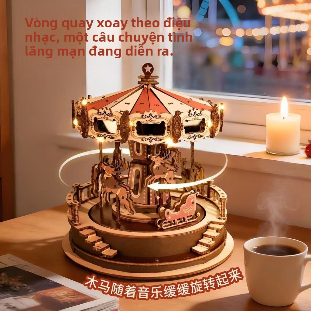 Hộp Nhạc Merry-go-round diy Handmade Gỗ Hội 3d Ba Chiều Xếp Hình Đồ Chơi Quà Tặng