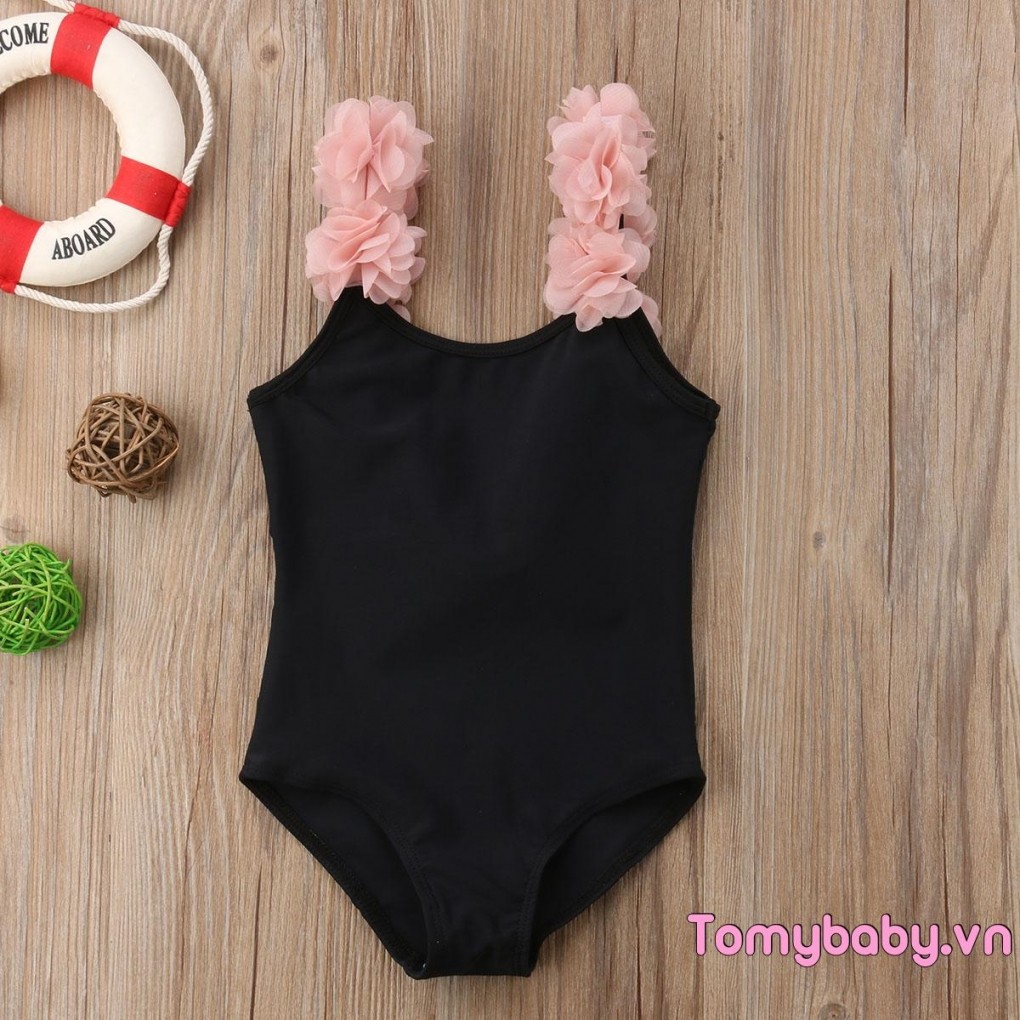 Bộ đồ bơi một mảnh cho bé gái Đồ bơi hở lưng có dây đeo vai hoa Bộ đồ tắm màu trơn