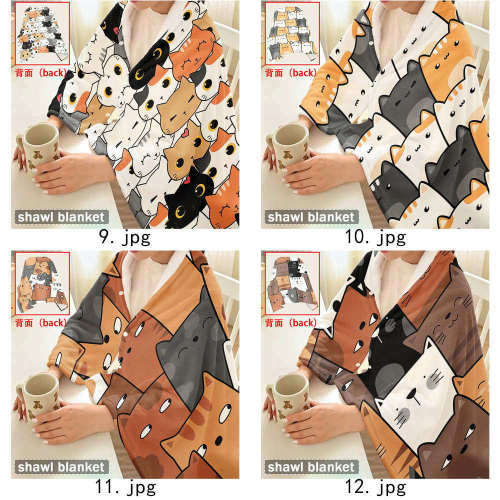Chăn có nút bấm hình mèo hoạt hình ngộ nghĩnh, Khăn choàng Flannel đa chức năng, có thể đeo để sử dụng tại văn phòng, Thiết bị du lịch ngoài trời.