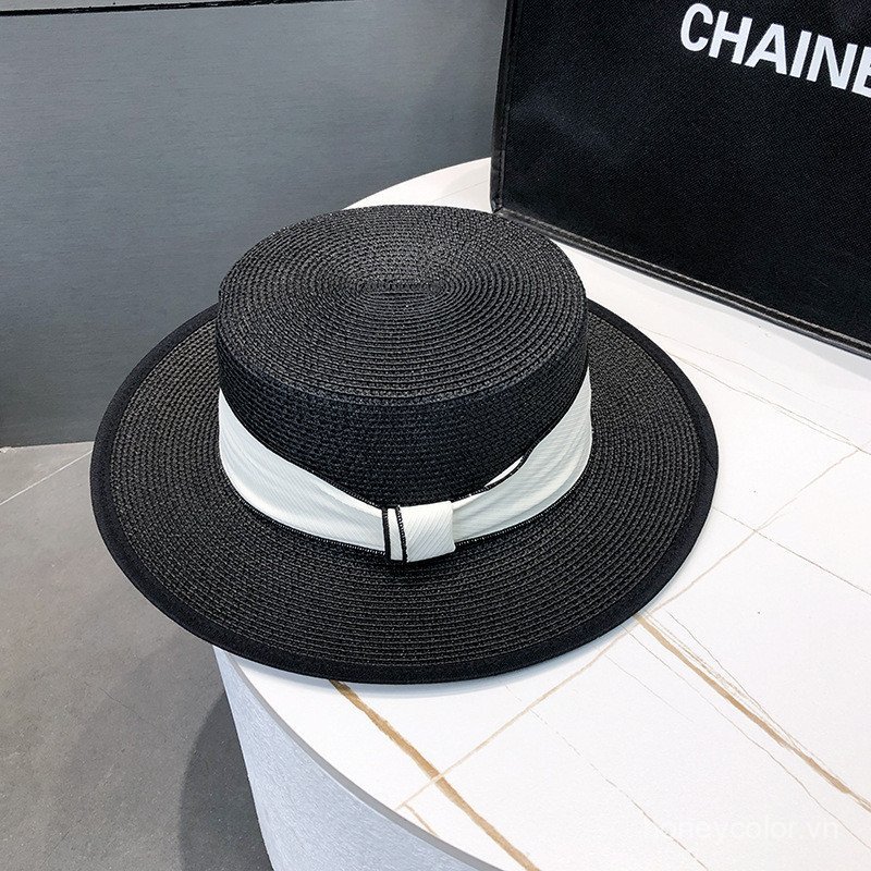 Mũ rơm phẳng kiểu Pháp mới dành cho nữ mùa hè ống hút fedora bên bờ biển chống nắng mũ đi biển mũ chống nắng