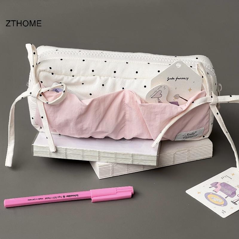 ZTHOME Dễ Thương Chấm Bi Nơ Hộp Đựng Bút Chì Màu Trắng Với Màu Hồng Phụ Kiện Dung Tích Lớn Dây Kéo Túi Đựng Bút Chì Học Sinh Văn Phòng Phẩm Đồ Dùng Học Tập HOT
