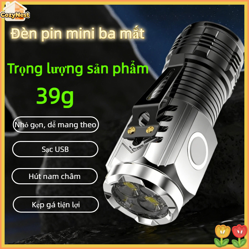 Đèn pin mini 3 mắt 5 chế độ, nam châm kẹp inox, chống nước IPX4, sạc USB, nhỏ gọn,Siêu Sáng